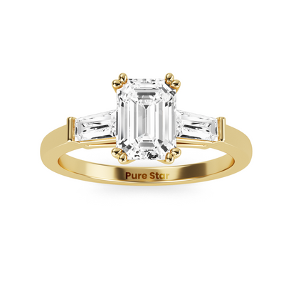 Art Deco inspired emerald and baguette lab diamond ring, three stone setting in recycled conflict free vintage engagement ring