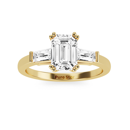 Art Deco inspired emerald and baguette lab diamond ring, three stone setting in recycled conflict free vintage engagement ring