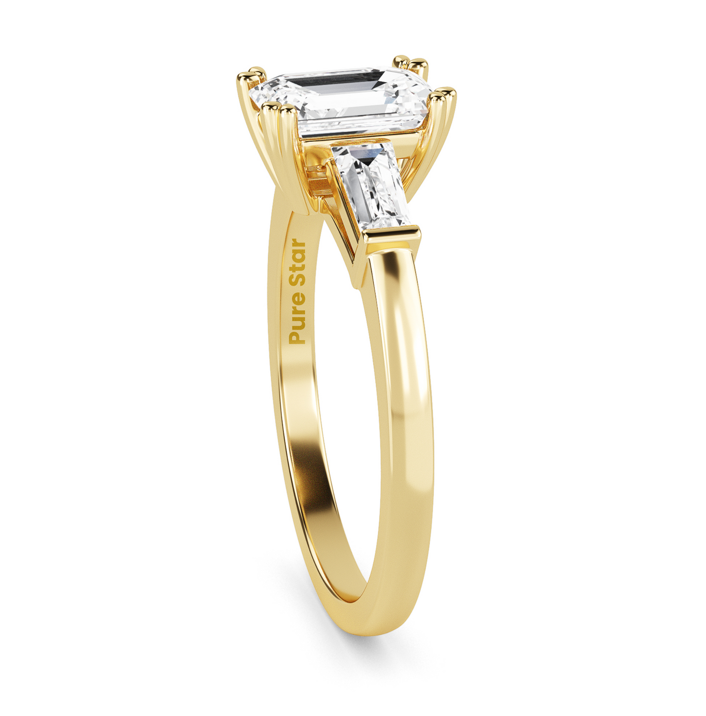 Art Deco inspired emerald and baguette lab diamond ring, three stone setting in recycled conflict free vintage engagement ring