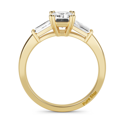 Art Deco inspired emerald and baguette lab diamond ring, three stone setting in recycled conflict free vintage engagement ring