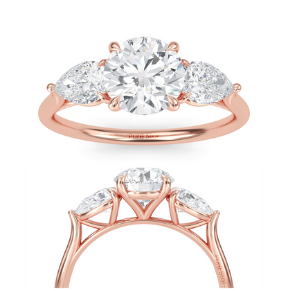 Luxury three stone engagement ring in 14K gold with 1ct round lab diamond center and accent stones  conflict free fine jewelry