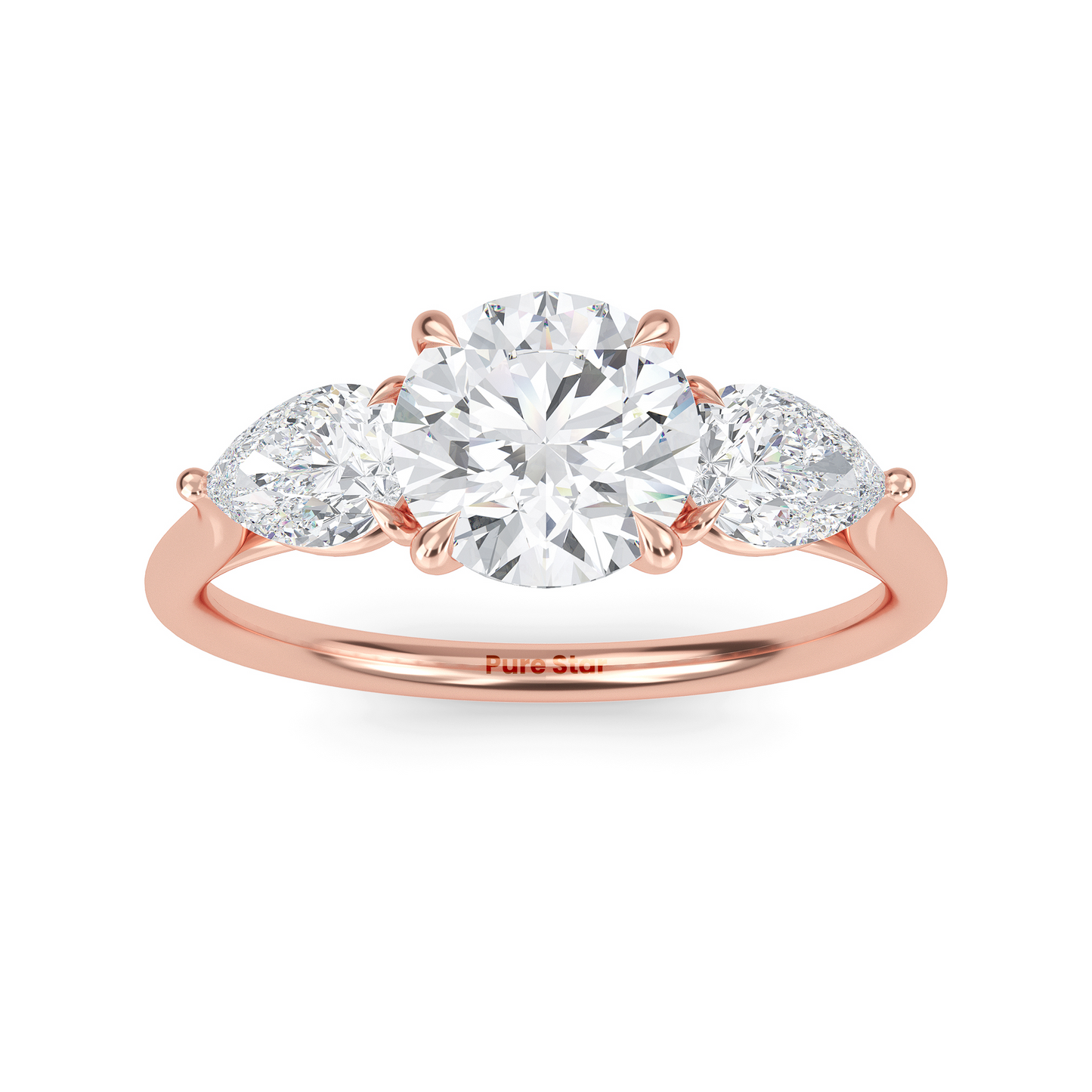 Luxury three stone engagement ring in 14K gold with 1ct round lab diamond center and accent stones  conflict free fine jewelry