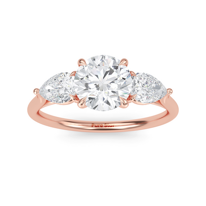 Luxury three stone engagement ring in 14K gold with 1ct round lab diamond center and accent stones  conflict free fine jewelry