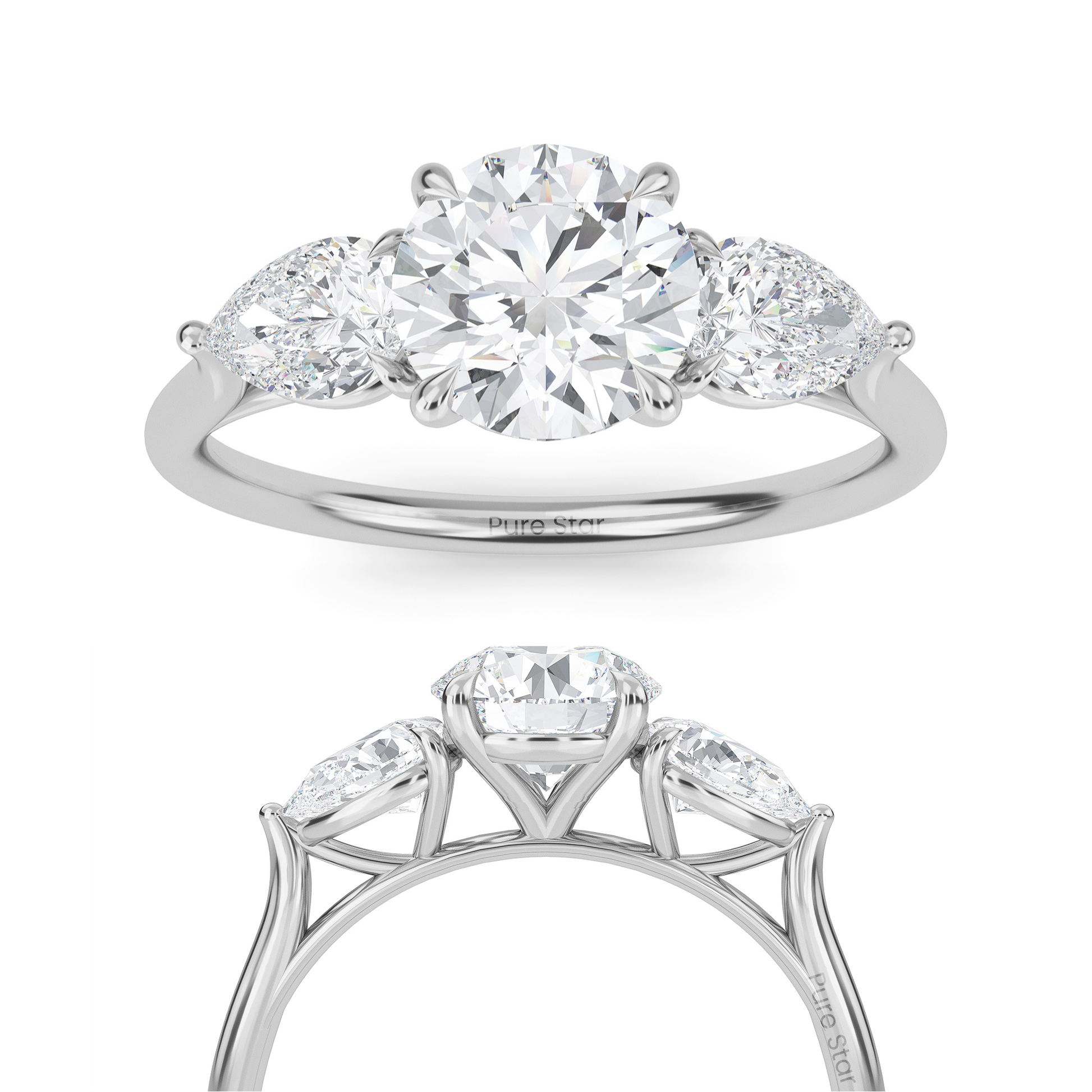 Luxury three stone engagement ring in 14K gold with 1ct round lab diamond center and accent stones  conflict free fine jewelry