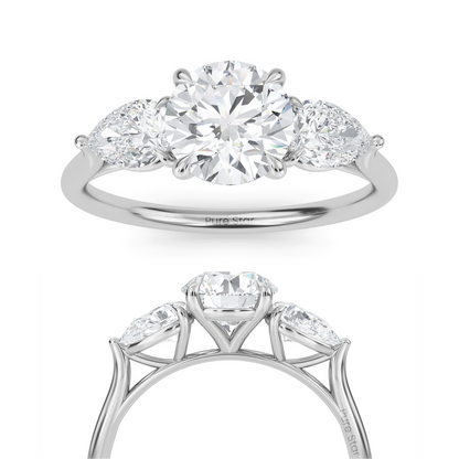 Luxury three stone engagement ring in 14K gold with 1ct round lab diamond center and accent stones  conflict free fine jewelry