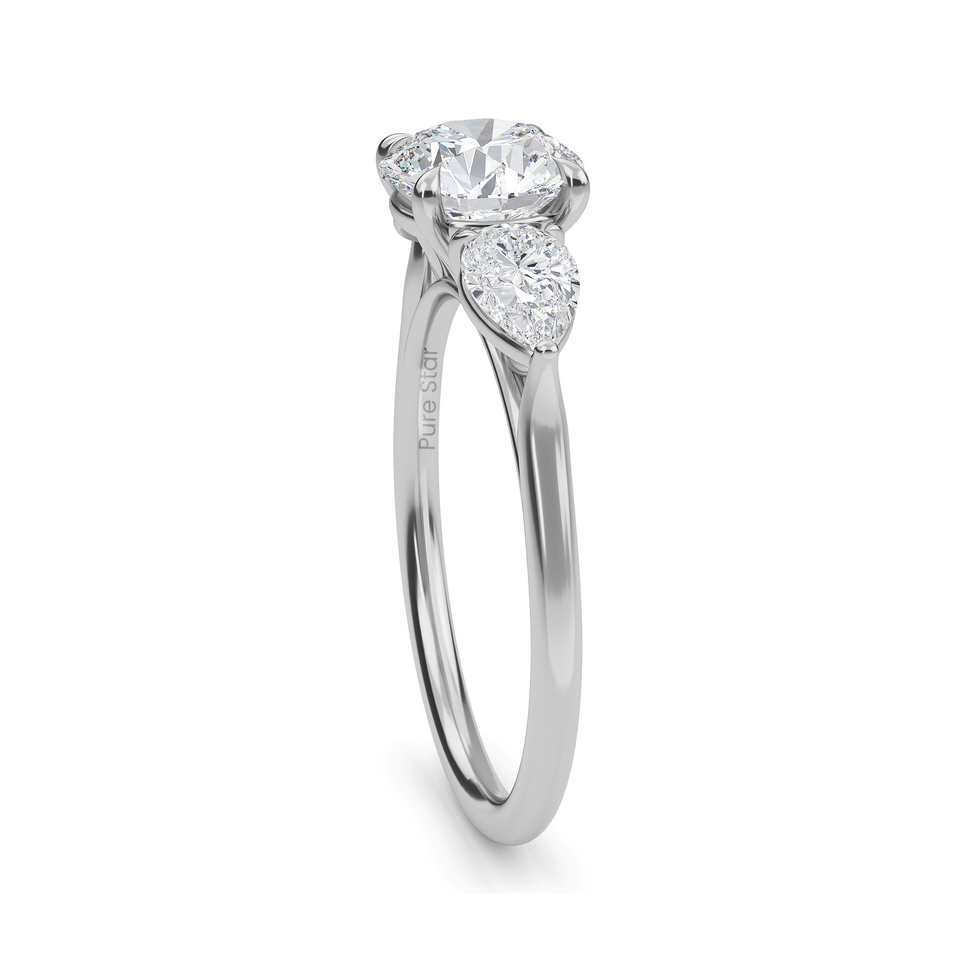 Luxury three stone engagement ring in 14K gold with 1ct round lab diamond center and accent stones  conflict free fine jewelry