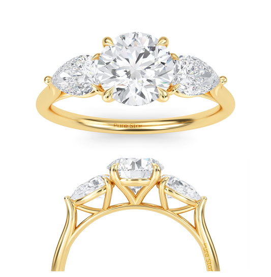 Luxury three stone engagement ring in 14K gold with 1ct round lab diamond center and accent stones  conflict free fine jewelry