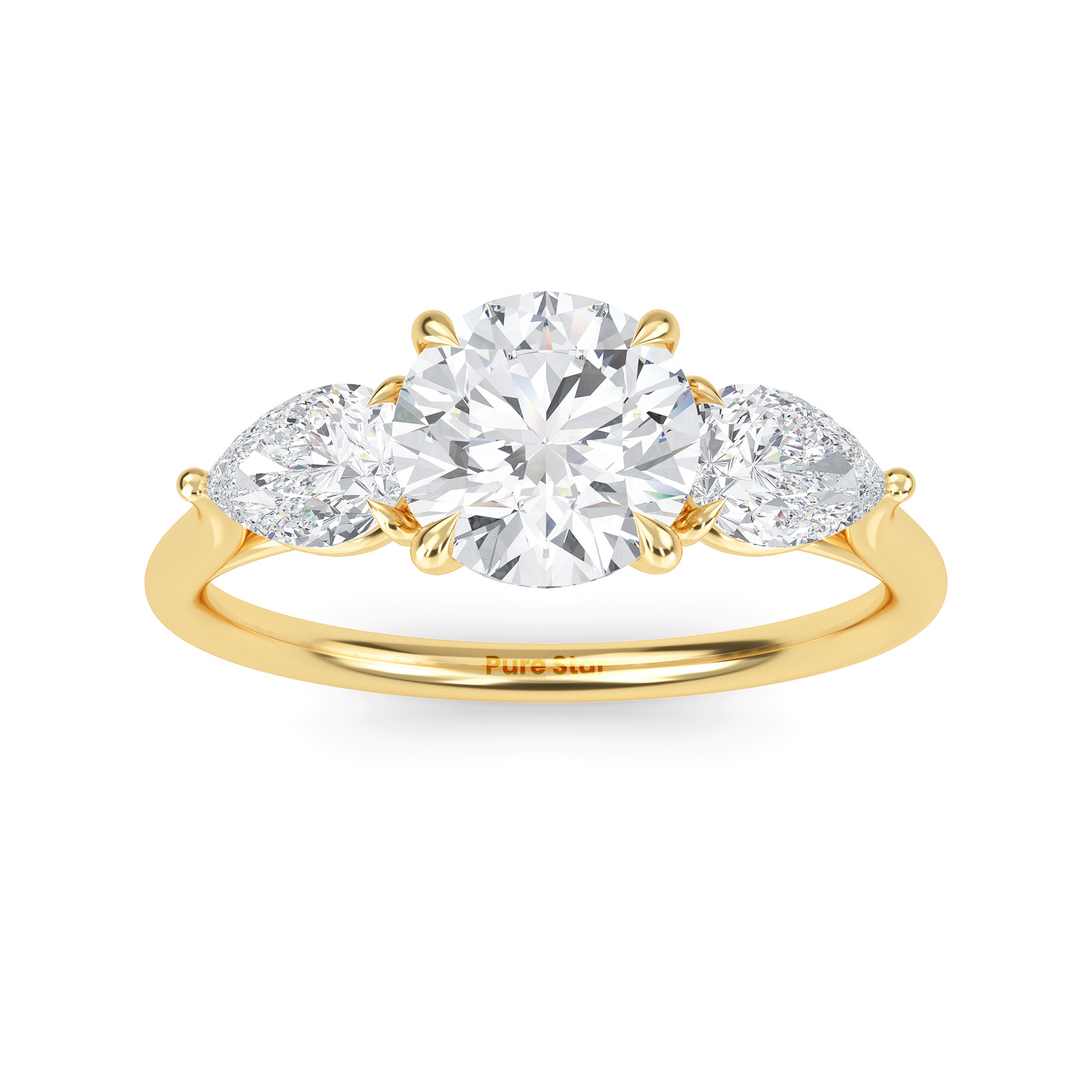 Luxury three stone engagement ring in 14K gold with 1ct round lab diamond center and accent stones  conflict free fine jewelry