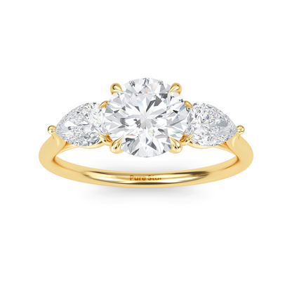 Luxury three stone engagement ring in 14K gold with 1ct round lab diamond center and accent stones  conflict free fine jewelry
