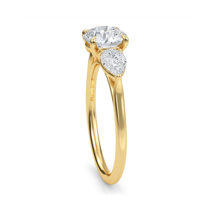 Luxury three stone engagement ring in 14K gold with 1ct round lab diamond center and accent stones  conflict free fine jewelry