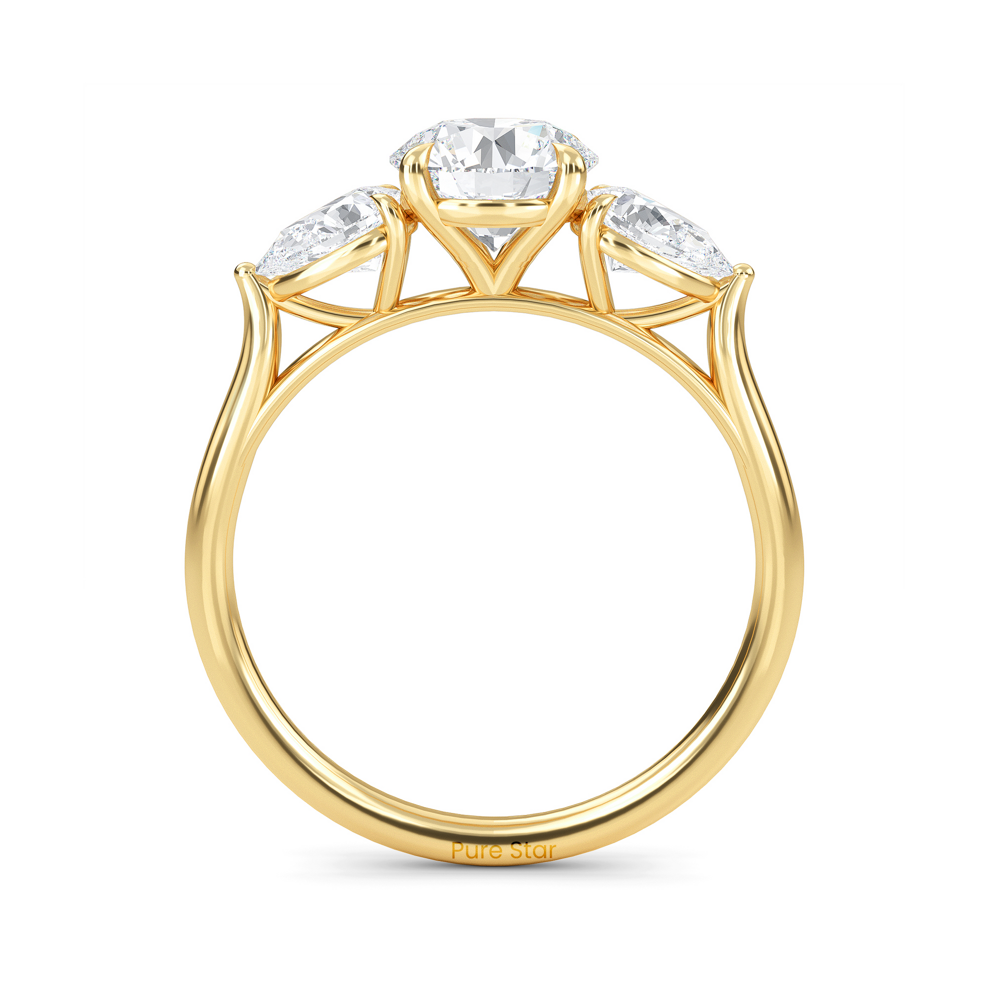 Luxury three stone engagement ring in 14K gold with 1ct round lab diamond center and accent stones  conflict free fine jewelry