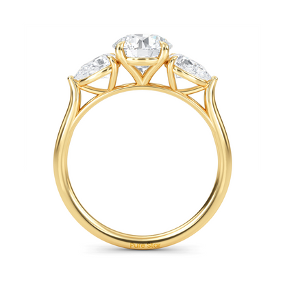 Luxury three stone engagement ring in 14K gold with 1ct round lab diamond center and accent stones  conflict free fine jewelry