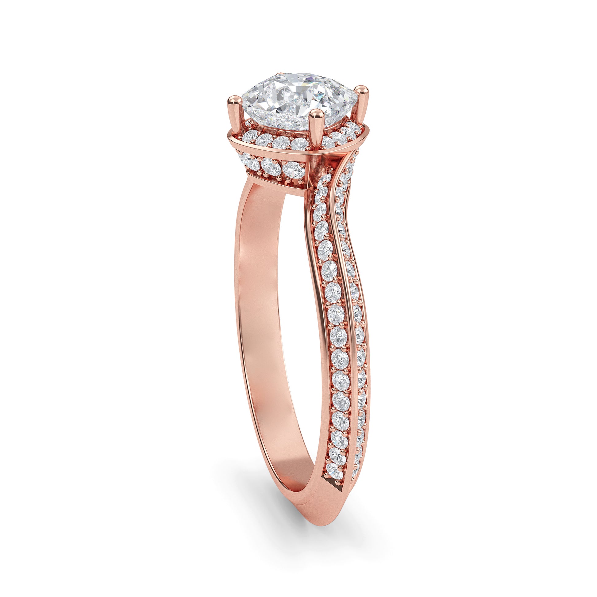 Cushion cut lab grown diamond engagement ring in rose gold with brilliant faceting and four prong  settinge
