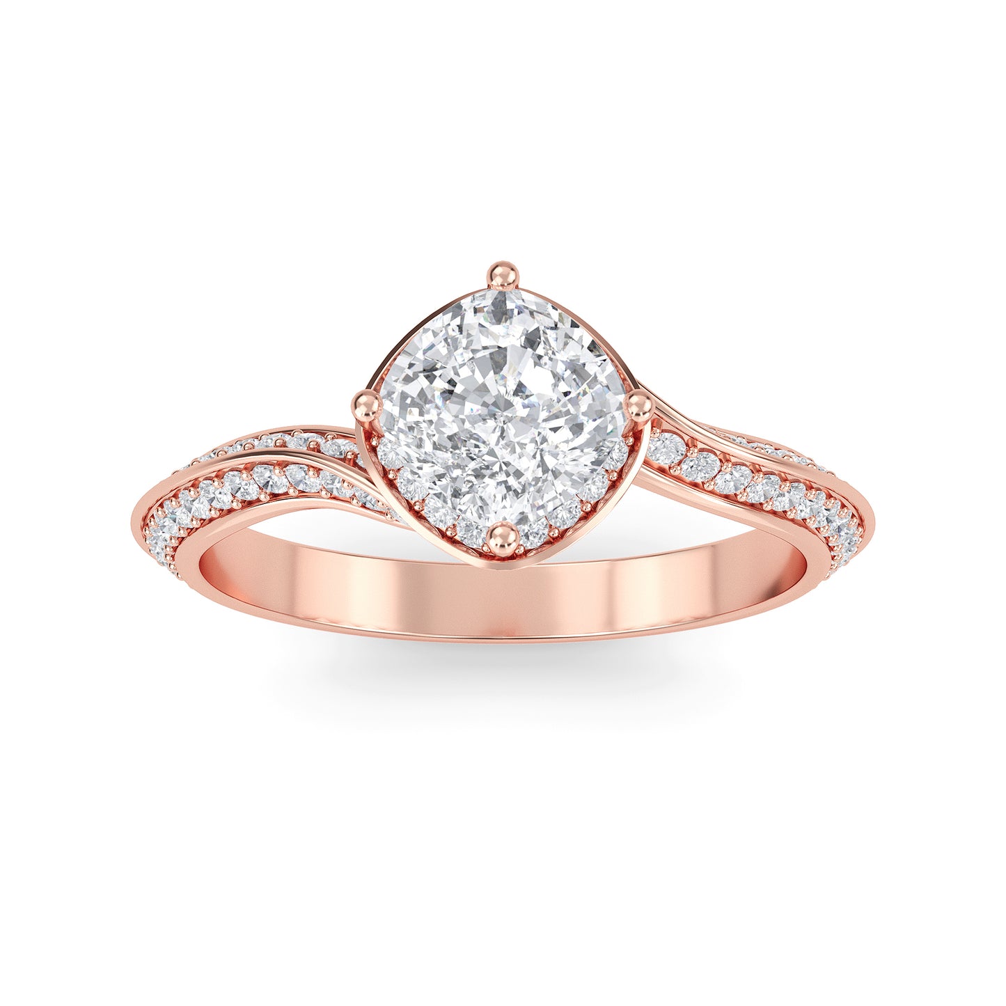 Cushion cut lab grown diamond engagement ring in rose gold with brilliant faceting and four prong  settinge