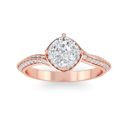 Cushion cut lab grown diamond engagement ring in rose gold with brilliant faceting and four prong  settinge