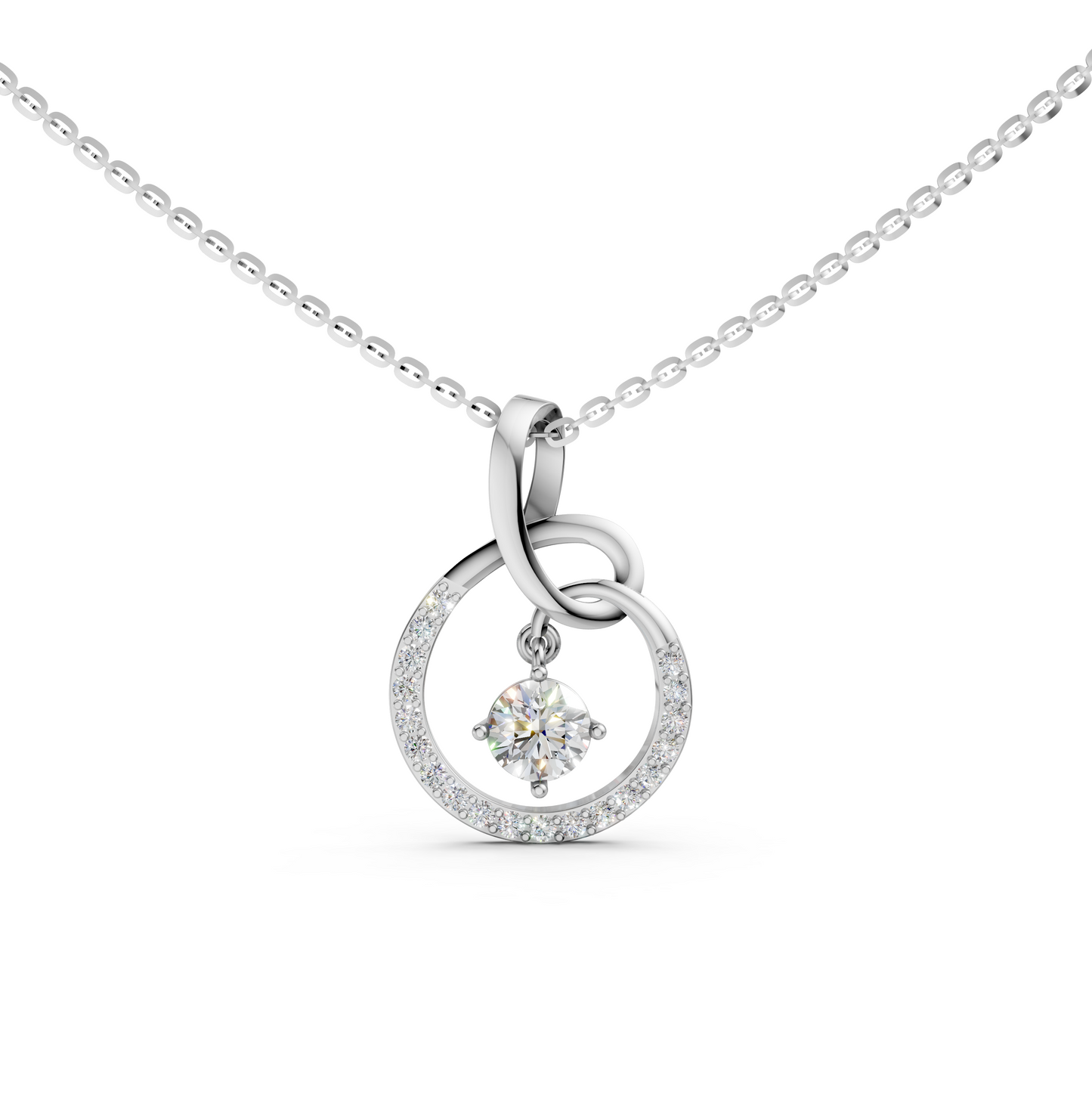 Simone Circle pavé-set diamond pendant necklace with round brilliant solitaire lab-grown diamond in 14K/18K White gold