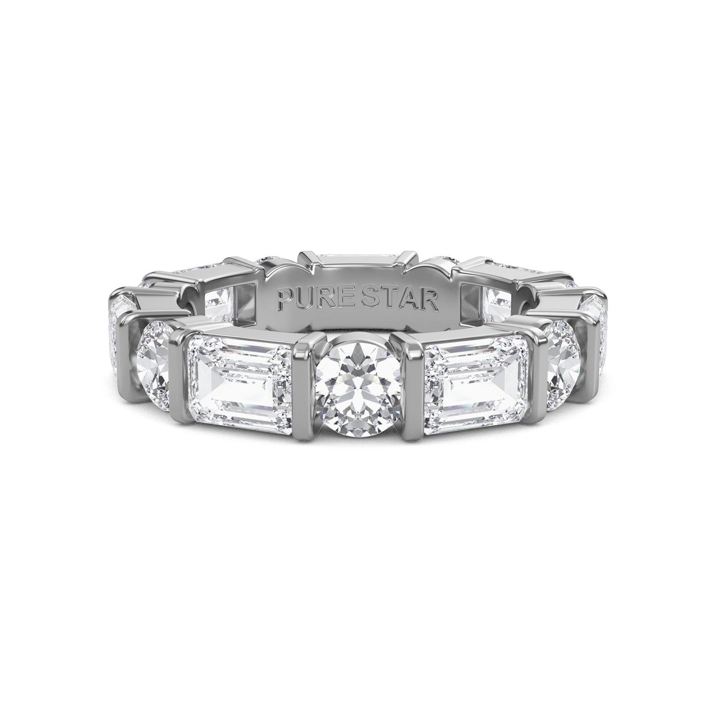 Stevie Lab-grown emerald and round cut diamond white Gold Bar Set Eternity band ring for women — sustainable fine jewelry by Wenoor