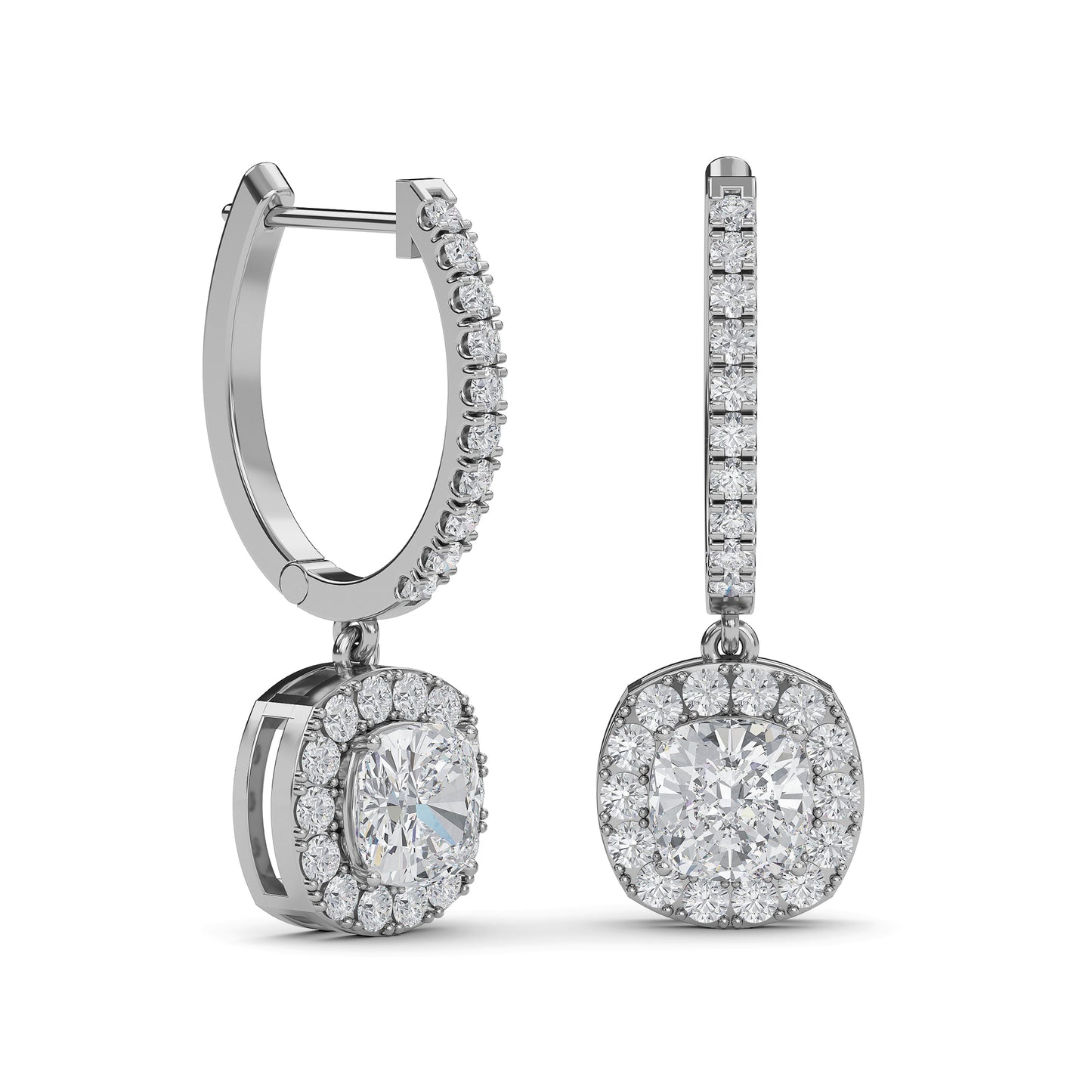 Cushion cut lab diamond halo drop earrings in 14K gold – perfect gift for women