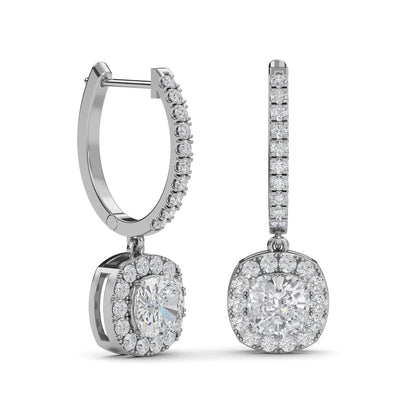 Cushion cut lab diamond halo drop earrings in 14K gold – perfect gift for women