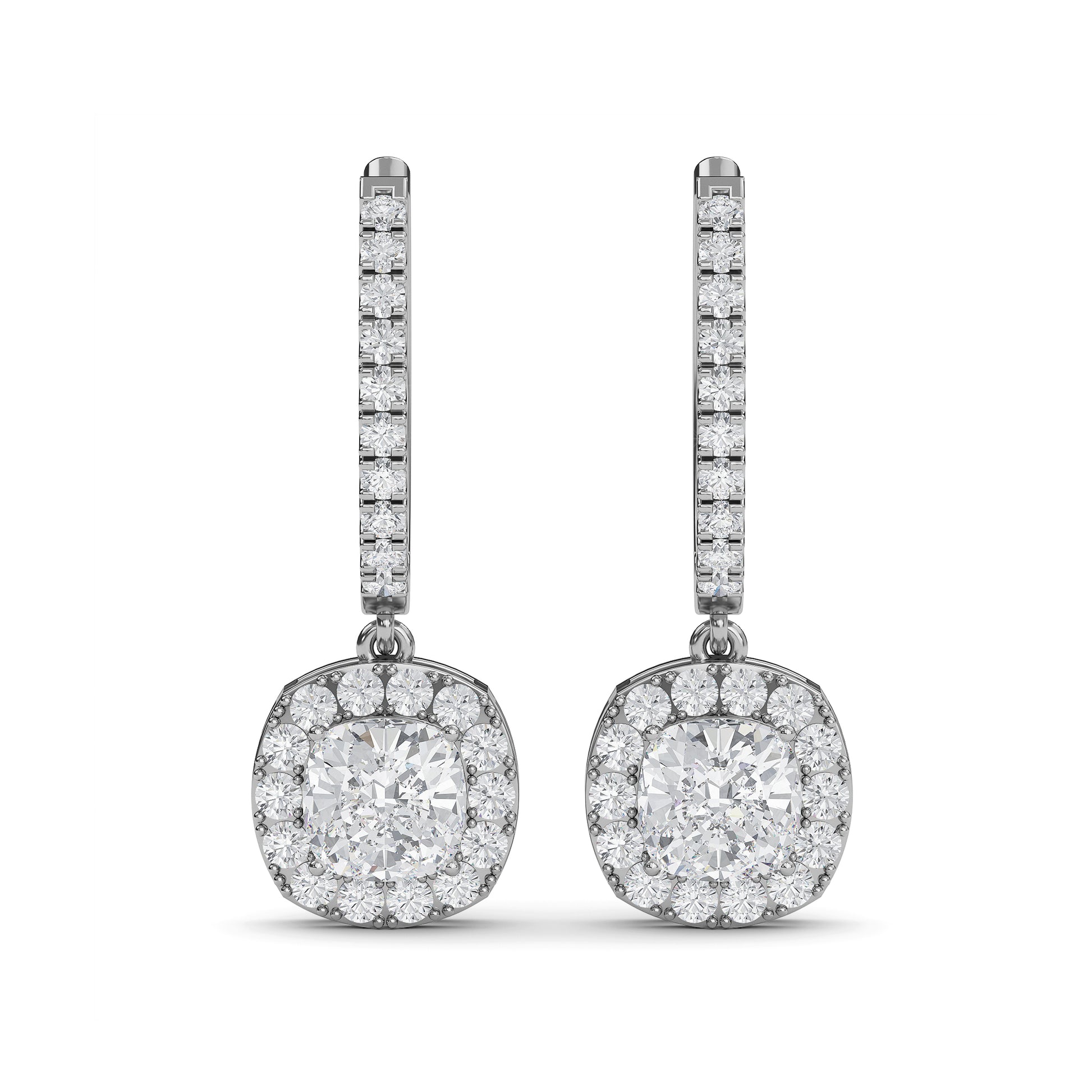 Cushion cut lab diamond halo drop earrings in 14K gold – perfect gift for women