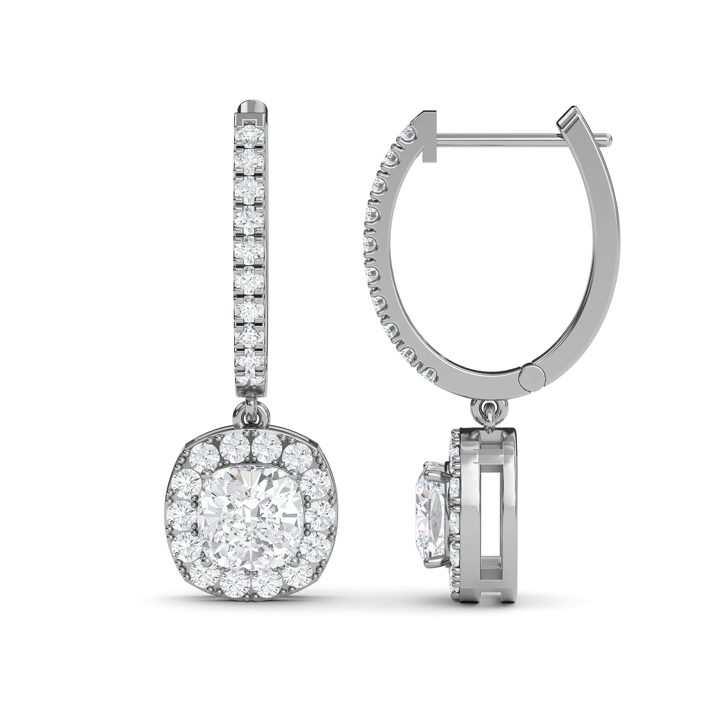 Cushion cut lab diamond halo drop earrings in 14K gold – perfect gift for women