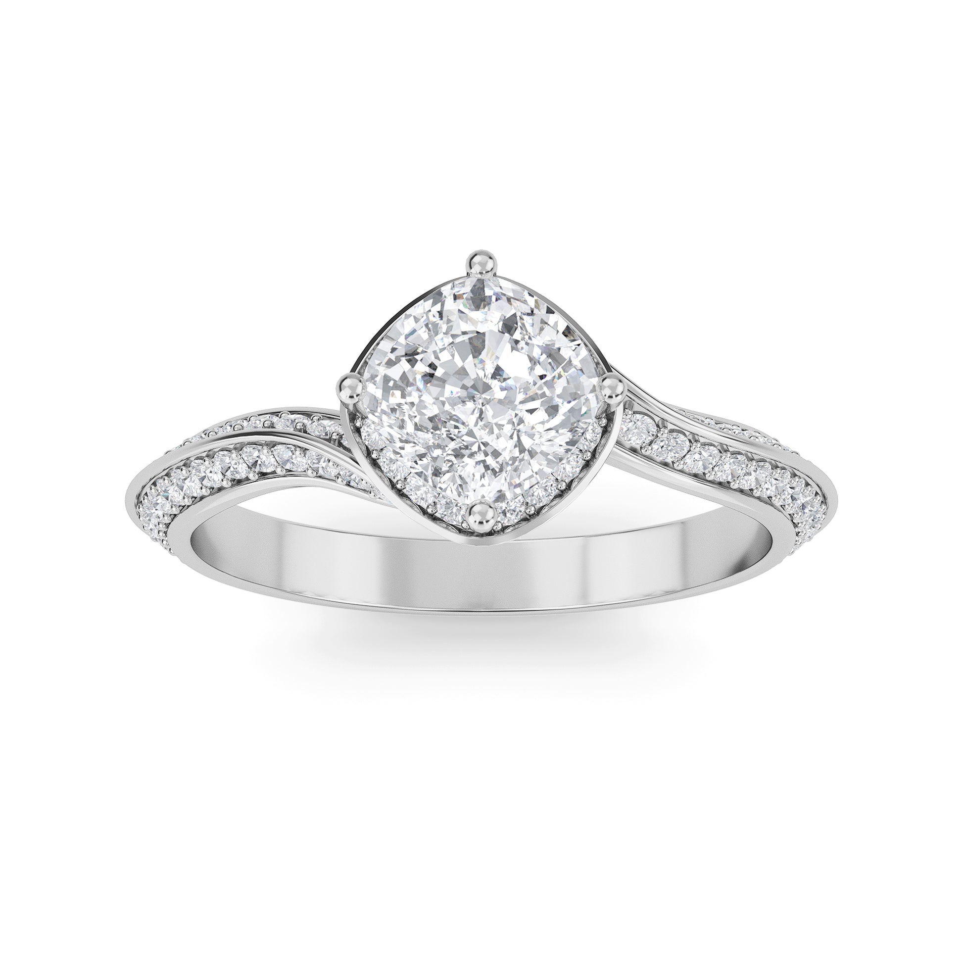 Cushion cut lab grown diamond engagement ring in 10k,14k,18k white gold with brilliant faceting and four prong solitaire setting
