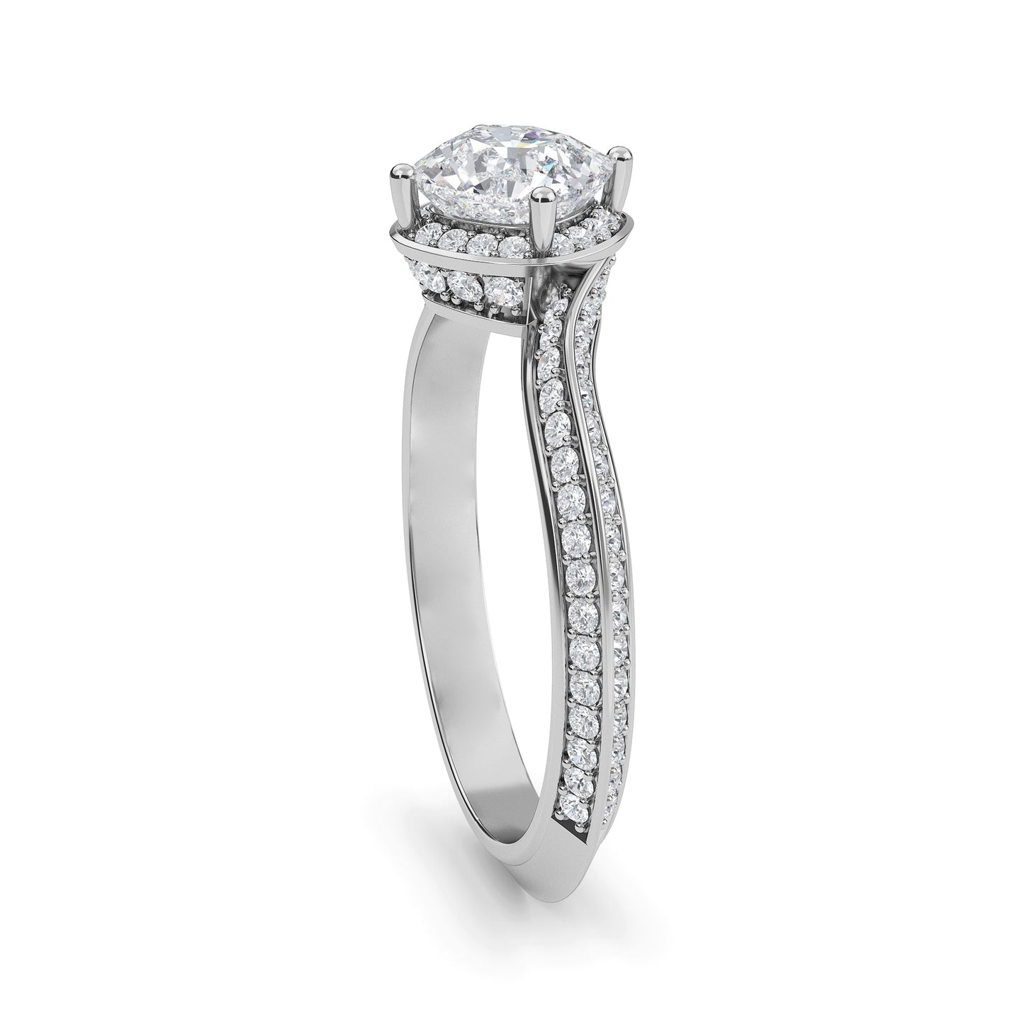 Cushion cut lab grown diamond engagement ring in 10k,14k,18k white gold with brilliant faceting and four prong solitaire setting