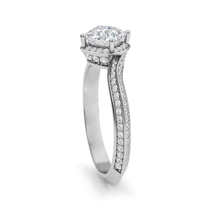 Cushion cut lab grown diamond engagement ring in 10k,14k,18k white gold with brilliant faceting and four prong solitaire setting