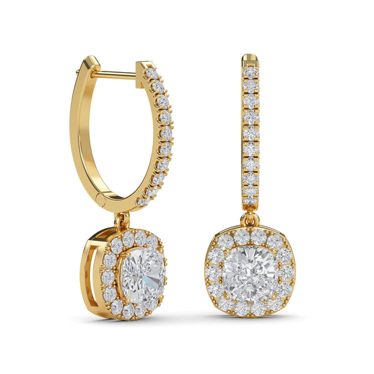 Cushion cut lab diamond halo drop earrings in 14K gold – perfect gift for women