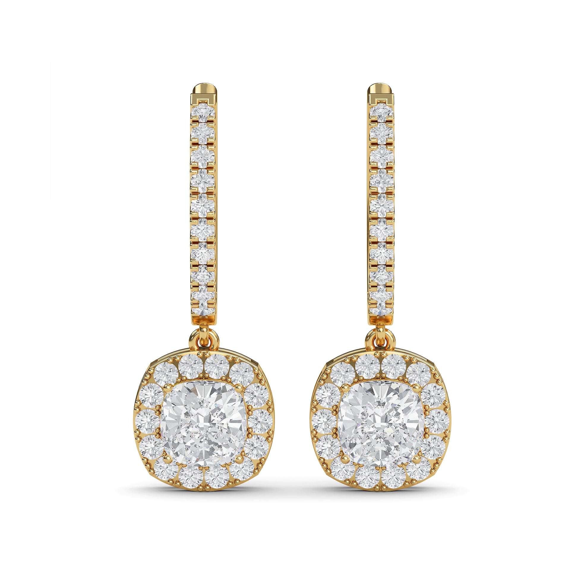 Cushion cut lab diamond halo drop earrings in 14K gold – perfect gift for women