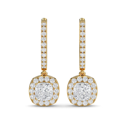 Cushion cut lab diamond halo drop earrings in 14K gold – perfect gift for women