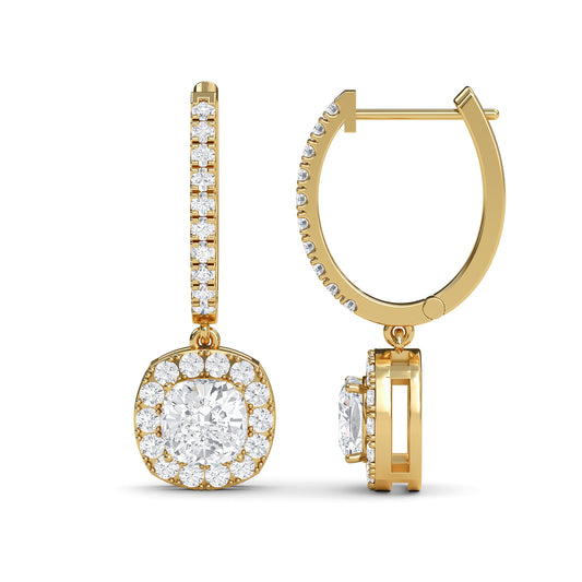 Cushion cut lab diamond halo drop earrings in 14K gold – perfect gift for women