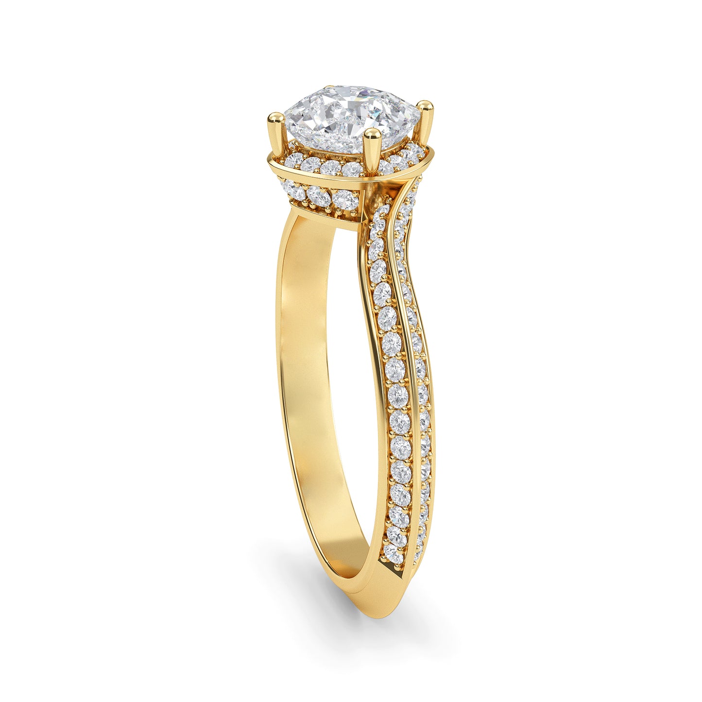 Cushion cut lab grown diamond engagement ring in 10k,14k,18k yellow gold with brilliant faceting and four-prong solitaire setting