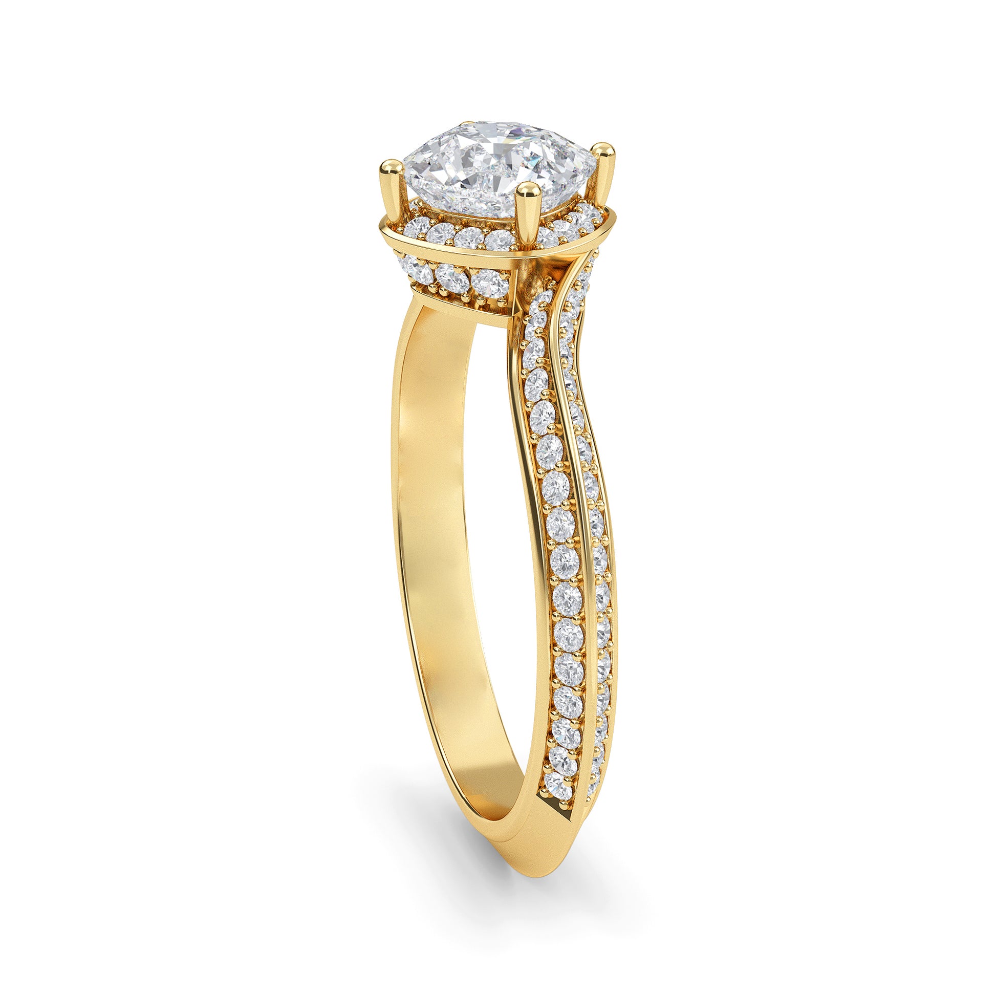 Cushion cut lab grown diamond engagement ring in 10k,14k,18k yellow gold with brilliant faceting and four-prong solitaire setting