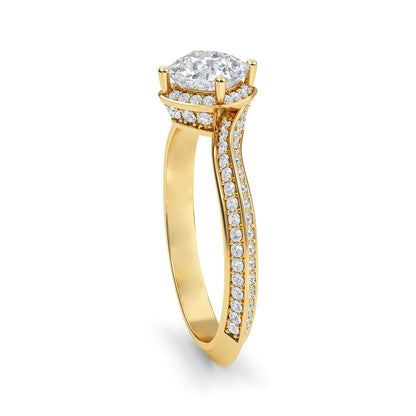 Cushion cut lab grown diamond engagement ring in 10k,14k,18k yellow gold with brilliant faceting and four-prong solitaire setting
