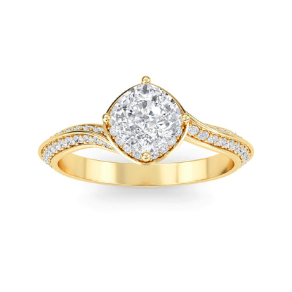 Cushion cut lab grown diamond engagement ring in yellow gold with brilliant faceting and four-prong solitaire setting