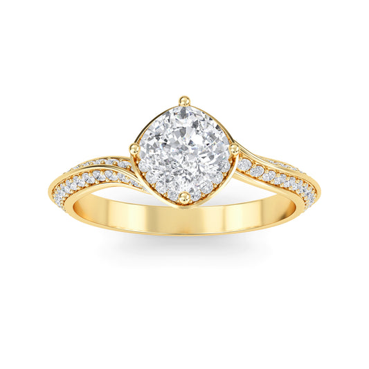 Cushion cut lab grown diamond engagement ring in yellow gold with brilliant faceting and four-prong solitaire setting
