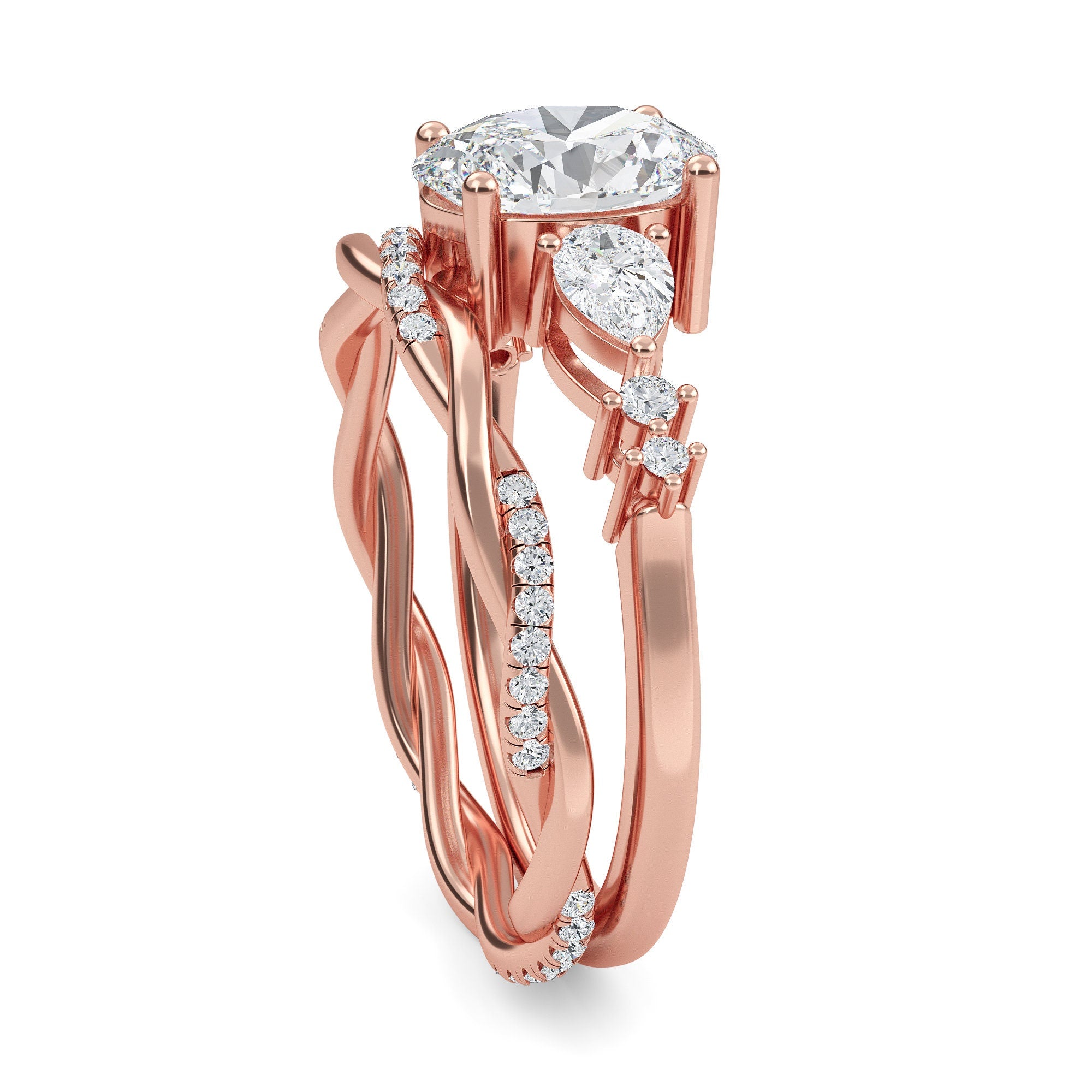 Oval Lab Grown Diamond Engagement Ring: Twisted Band Bridal Set