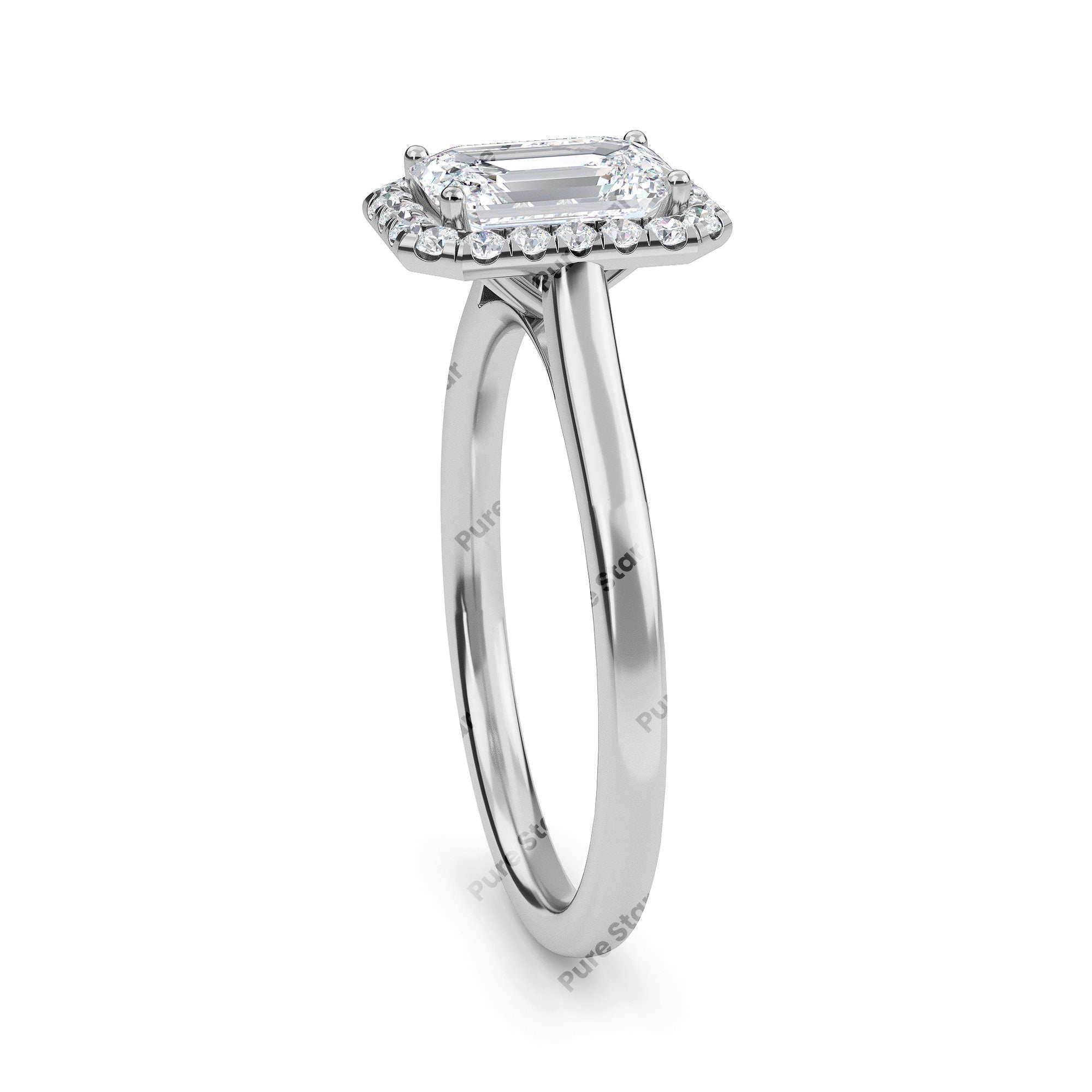 Halo Engagement Ring with Emerald Cut Lab Grown Diamond, Round Diamond Pave Band, IGI Certified, Handmade Diamond Ring For Her