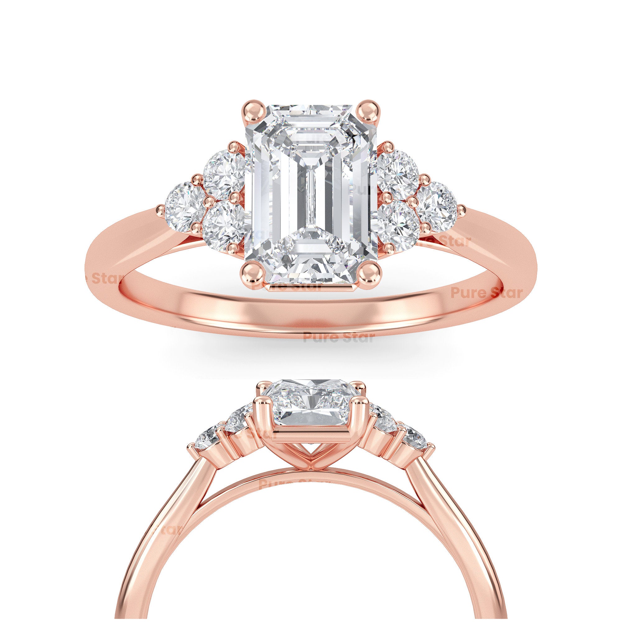 Side profile of minimalist emerald cut lab grown diamond ring highlighting elegant setting.