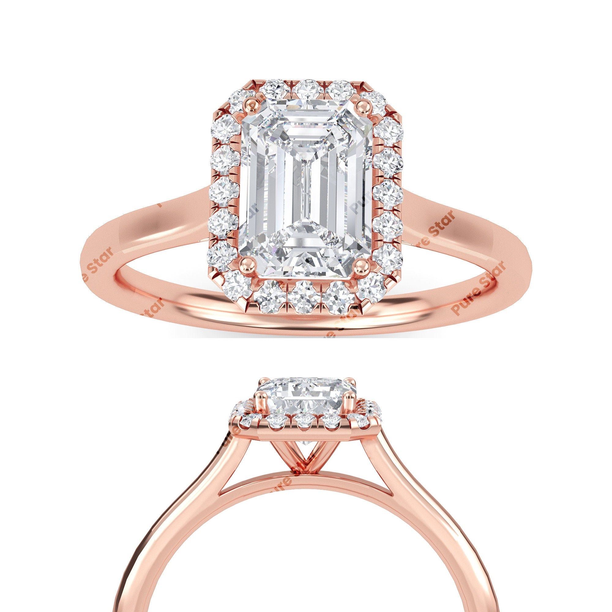 Halo Engagement Ring with Emerald Cut Lab Grown Diamond, Round Diamond Pave Band, IGI Certified, Handmade Diamond Ring For Her