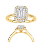 Halo Engagement Ring with Emerald Cut Lab Grown Diamond, Round Diamond Pave Band, IGI Certified, Handmade Diamond Ring For Her