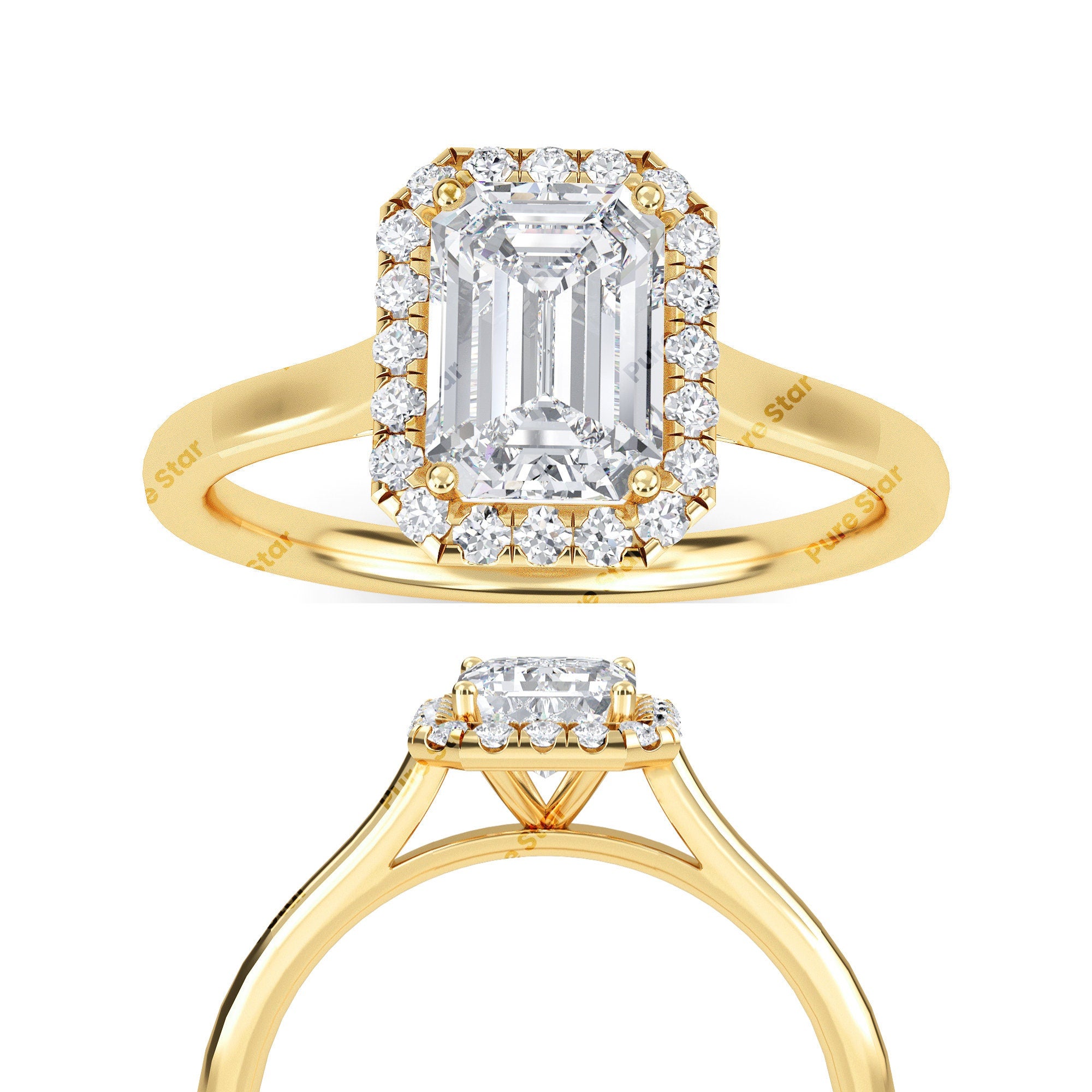 Halo Engagement Ring with Emerald Cut Lab Grown Diamond, Round Diamond Pave Band, IGI Certified, Handmade Diamond Ring For Her