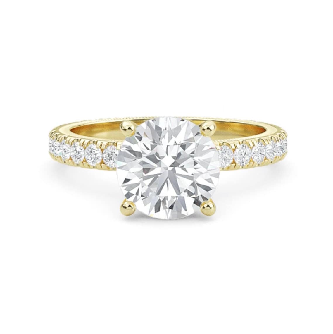 Round Halo Lab Grown Diamond Ring, 14K Gold Engagement Ring, Round Solitaire With Accents Band, Anniversary Gift for Her, Diamond Ring