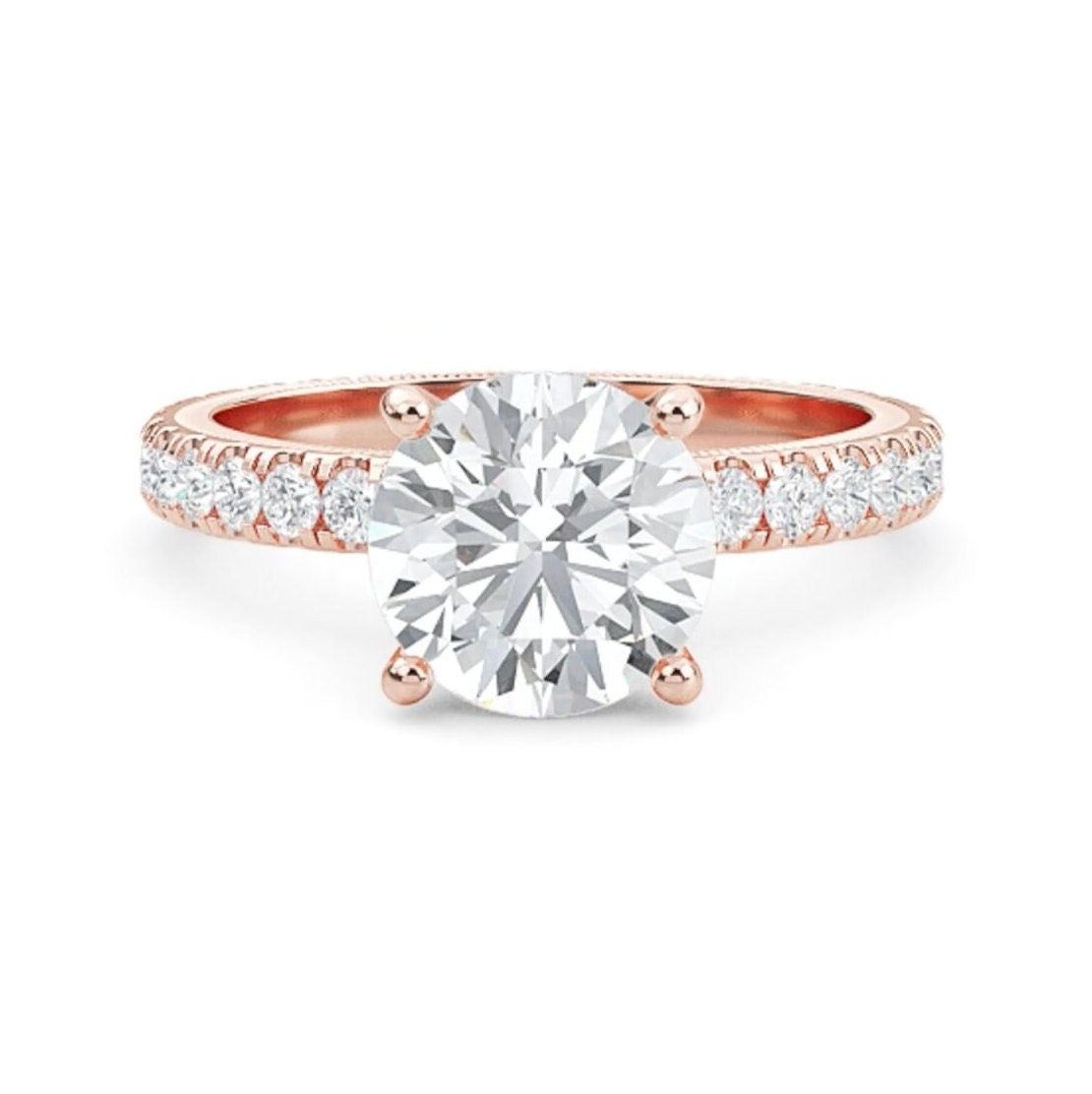 Round Halo Lab Grown Diamond Ring, 14K Gold Engagement Ring, Round Solitaire With Accents Band, Anniversary Gift for Her, Diamond Ring