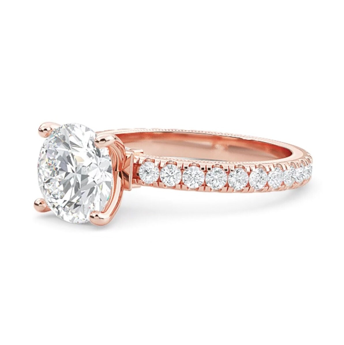 Round Halo Lab Grown Diamond Ring, 14K Gold Engagement Ring, Round Solitaire With Accents Band, Anniversary Gift for Her, Diamond Ring