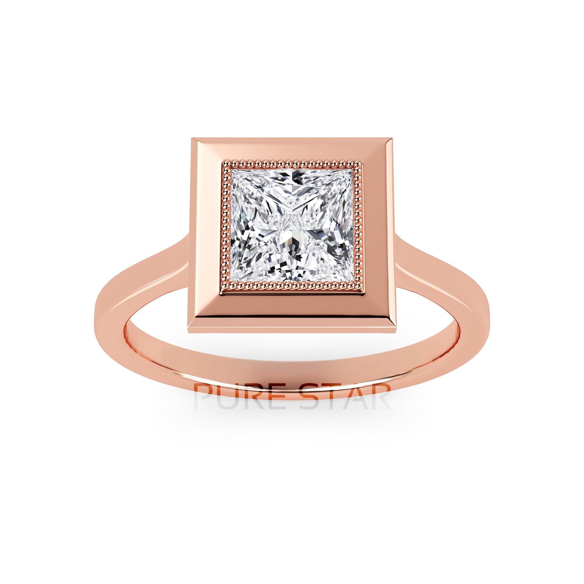 Princess Cut Bezel Diamond Ring Lab Grown Engagement Ring IGI Certified Solitaire Ring Gold Ring Elegant Gift for Her