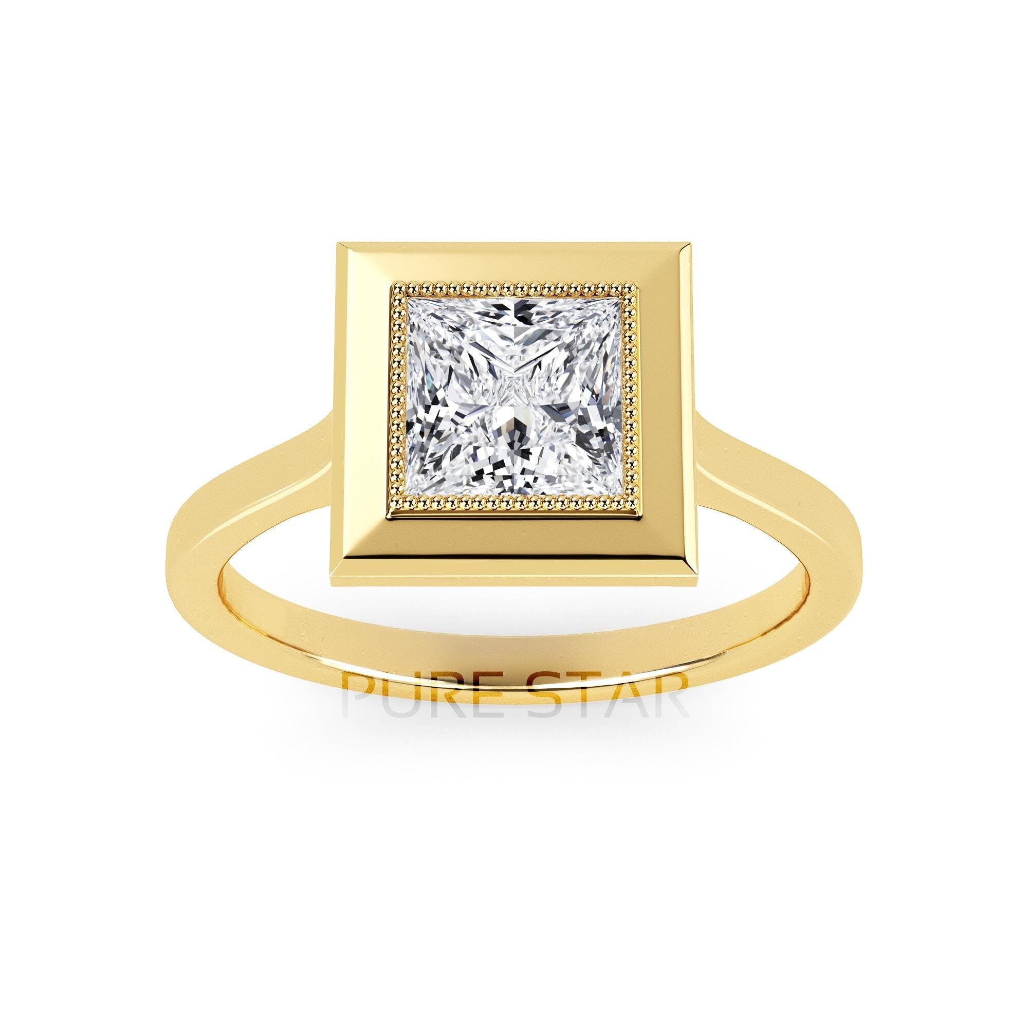 Princess Cut Bezel Diamond Ring Lab Grown Engagement Ring IGI Certified Solitaire Ring Gold Ring Elegant Gift for Her