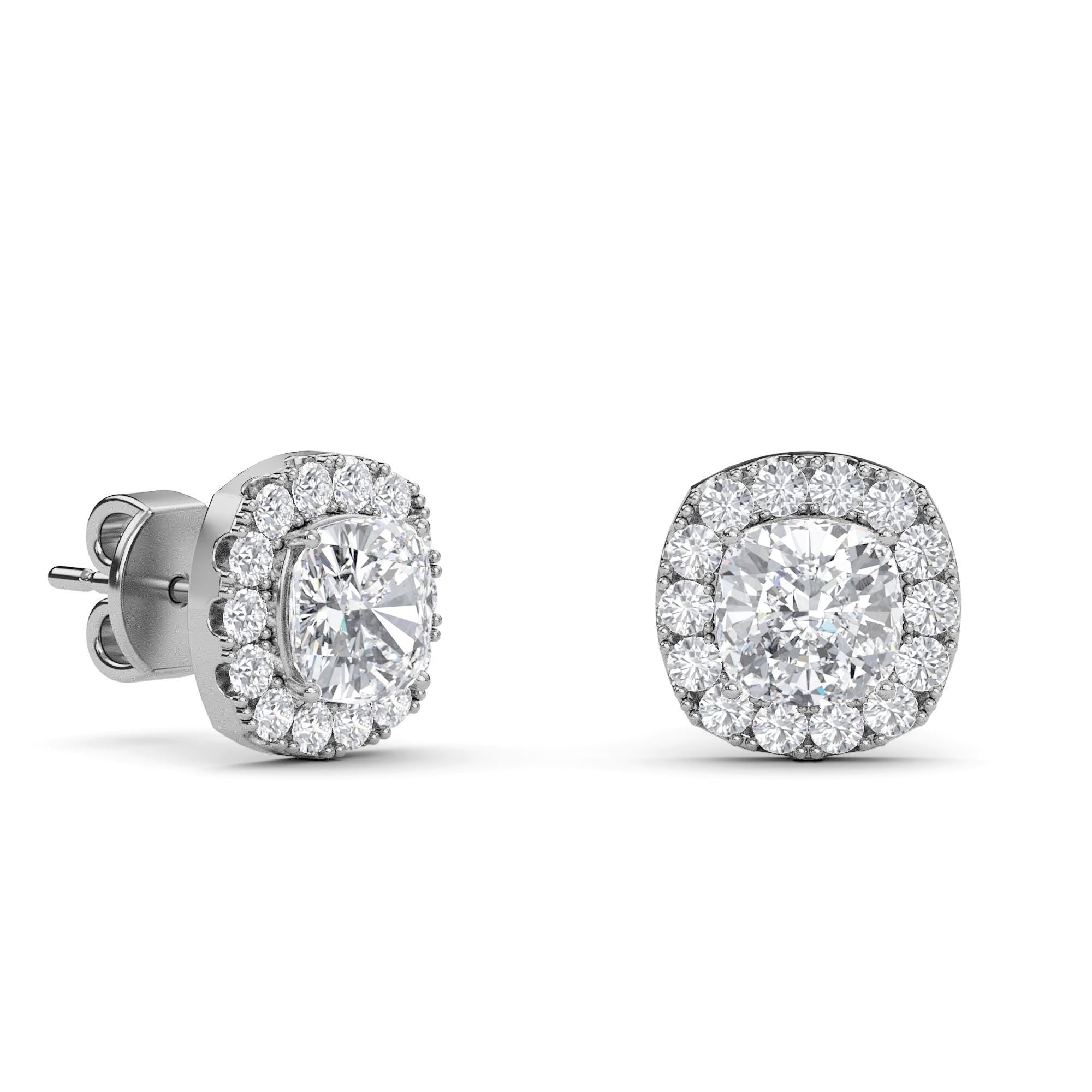 2 Carat IGI Certified E-F Color Cushion Cut, Lab Grown Diamond Earrings, Stud Halo Set 14K Solid Gold Wedding Earring, Diamond Stud Earring
