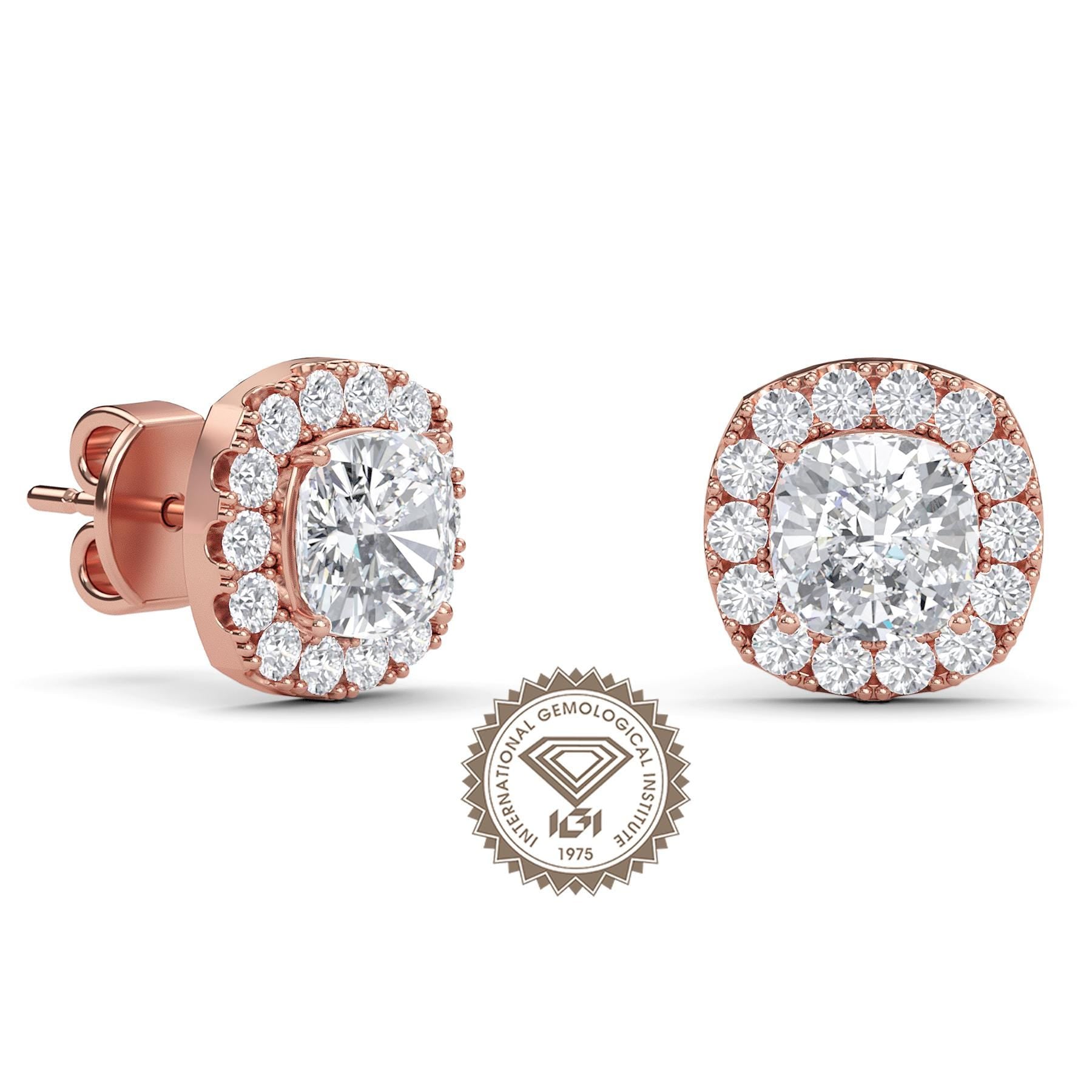 2 Carat IGI Certified E-F Color Cushion Cut, Lab Grown Diamond Earrings, Stud Halo Set 14K Solid Gold Wedding Earring, Diamond Stud Earring